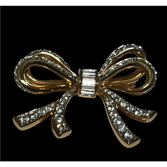 Vintage SWAROVSKI Large Double Bow Brooch Pin Figural Signed Crystal Goldtone - Picture 1 of 3